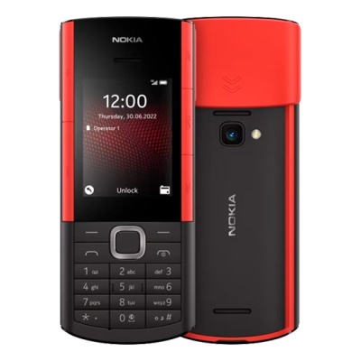 Telemóvel Nokia preto e vermelho com teclado físico e câmara traseira