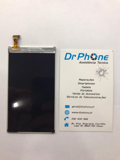 Ecrã LCD preto ao lado de cartão de visita da Dr Phone com informações de assistência técnica