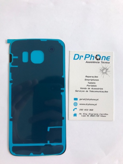 Adesivo protetor azul para celular ao lado direito cartão de visita branco Dr Phone Assistência Técnica