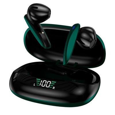 Auriculares sem fios preto e verde com estojo e visor digital