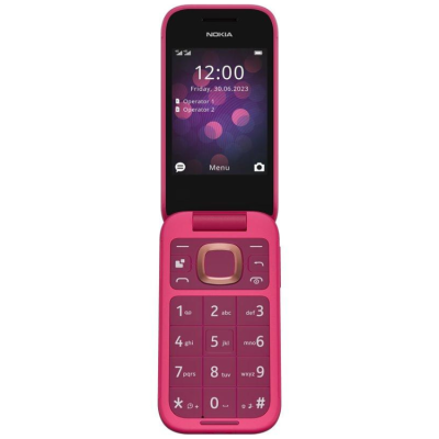 Telemóvel Nokia flip rosa com teclado físico e ecrã a cores com data e hora