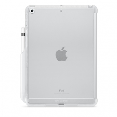 iPad prateado com capa transparente e Apple Pencil branco