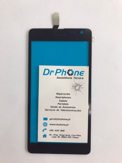 Ecrã táctil preto de smartphone com cartão de visita da Dr Phone Assistência Técnica