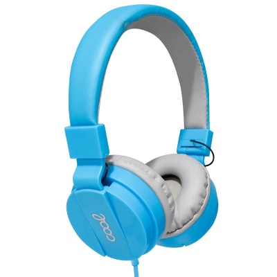 Auriculares azul com almofadas cinzentas e texto COOL