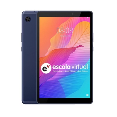 Tablet digital azul escuro com ecrã colorido e texto escola virtual