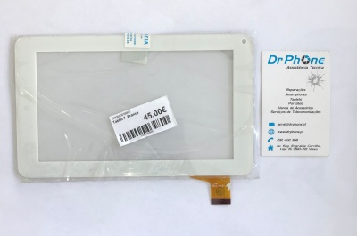 Ecrã tátil branco para tablet com etiqueta de preço e cartão de visita da assistência técnica Dr Phone