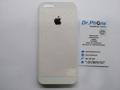 Capa telemóvel branca brilhante com logótipo Apple e cartão de visita Dr.Phone