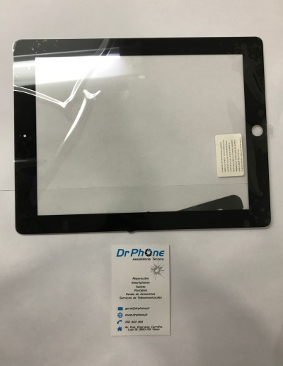 Ecrã tátil de tablet preto com cartão de visita da assistência técnica