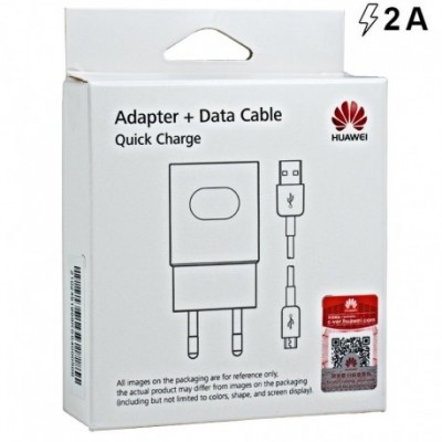 Embalagem de adaptador e cabo de dados Huawei branca com texto e selo vermelho