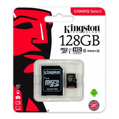 Cartão microSD Kingston 128GB com adaptador na embalagem