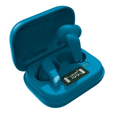Auriculares sem fios azuis com estojo de carregamento aberto