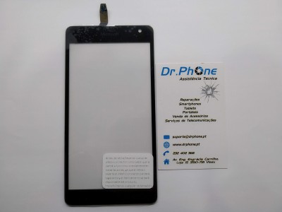 Mostrador táctil preto para smartphone com cartão de visita da assistência técnica Dr.PHONE