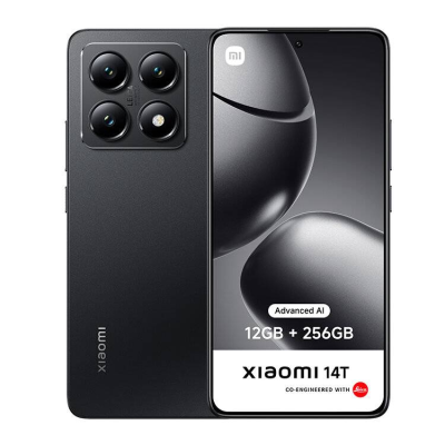 Smartphone Xiaomi 14T preto com três câmaras traseiras e ecrã frontal a mostrar especificações