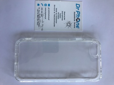 Capa transparente para telemóvel e cartão DR. PHONE sobre superfície branca