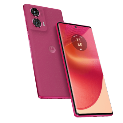 Smartphone Motorola rosa com dupla câmara traseira e ecrã curvo mostrando a hora 11:35