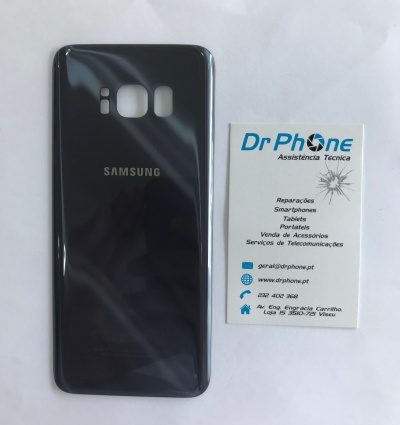 Telemóvel Samsung preto com traseira brilhante e cartão de visita da Dr Phone