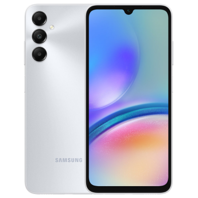 Smartphone Samsung branco com três câmaras traseiras e ecrã frontal colorido.