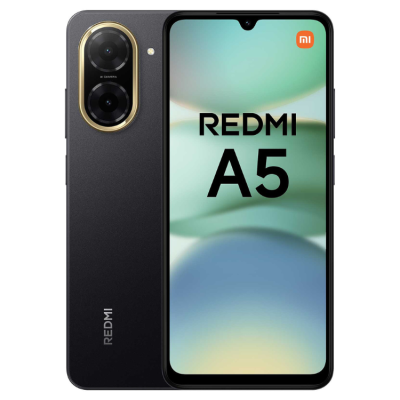 Smartphone Redmi A5 preto mostrando ecrã e parte traseira com câmara dupla
