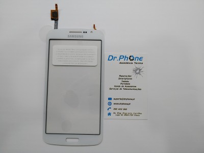 Ecrã tátil branco Samsung ao lado de cartão de assistência técnica Dr. Phone