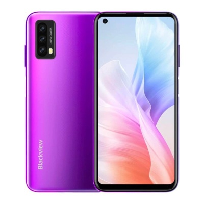 Smartphone Blackview roxo com três câmaras e ecrã frontal com câmara no canto