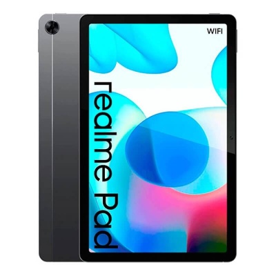 Tablet Realme Pad cinza metálico com ecrã colorido e texto Realme Pad e WIFI no ecrã