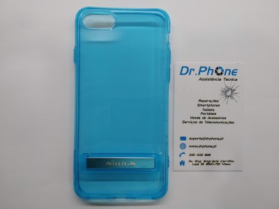 Capa azul para smartphone com barra metálica e cartão de assistência técnica Dr.Phone