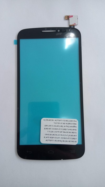 Ecrã táctil preto para smartphone com superfície azul protetora e conector flex no topo