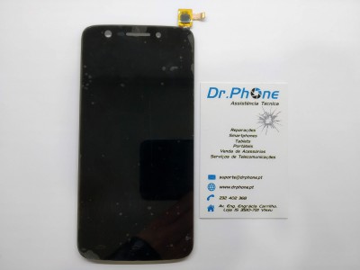 Ecrã tátil preto para smartphone ao lado de cartão de visita da Dr.Phone