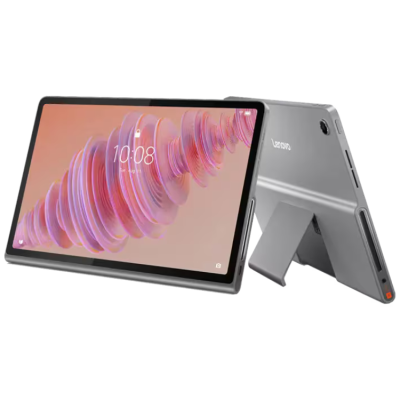 Tablet Lenovo cinza metálico com suporte traseiro aberto e ecrã tátil com hora 10:08 visível