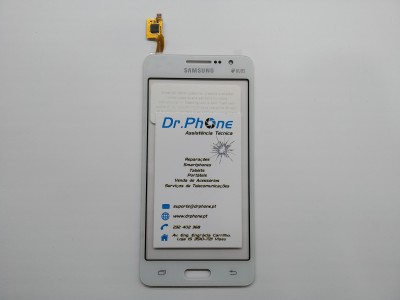 Smartphone Samsung branco com cartão de visita da Dr.Phone no ecrã.
