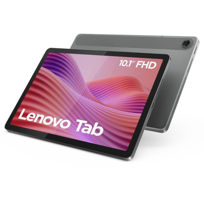 Tablet Lenovo Tab cinza metálico com ecrã de 10.1 polegadas FHD e câmara traseira.