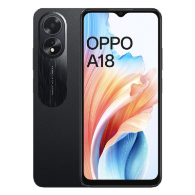 Smartphone OPPO A18 preto com duas câmaras verticais e ecrã com texto OPPO A18