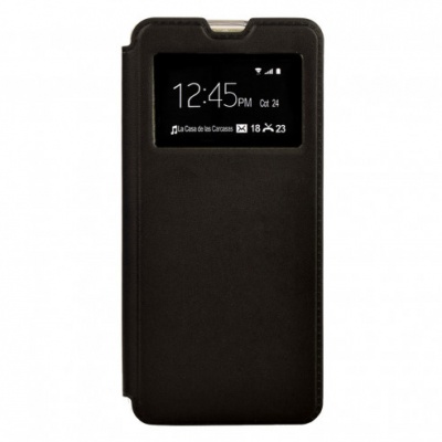 Capa preta para smartphone com janela transparente mostrando o ecrã digital