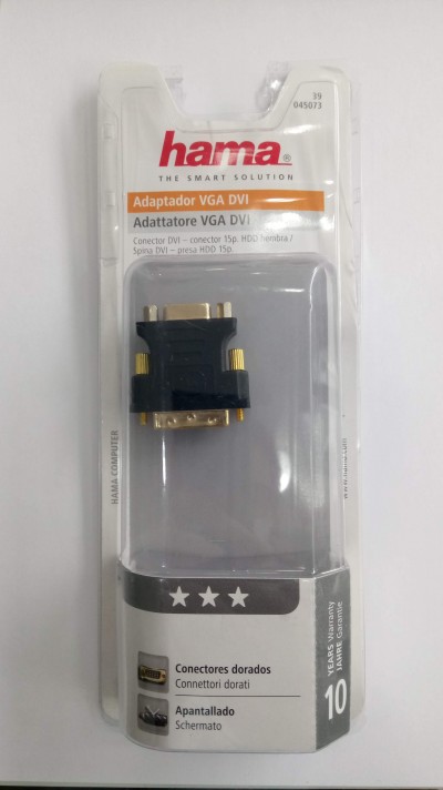 Adaptador VGA DVI hama preto com conectores dourados em embalagem plástica