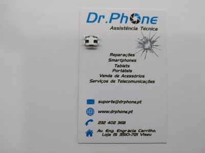 Cartão de visita da empresa Dr.Phone com componente eletrónico e informações de contacto