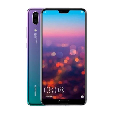 Smartphone Huawei com traseira em vidro degradê verde e roxo e ecrã com notch