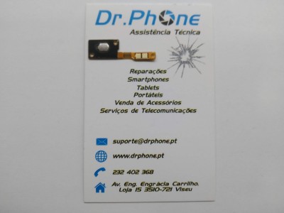 Cartão de visita Dr. Phone Assistência Técnica com informações de serviços e contacto