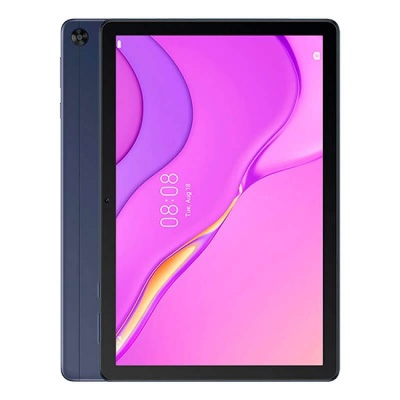 Tablet azul escuro com ecrã roxo e câmara traseira