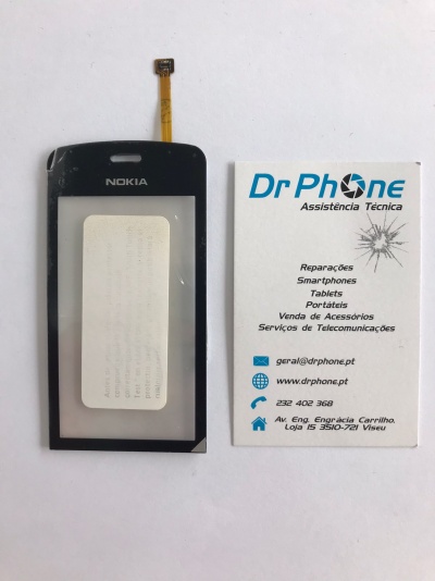 Peça frontal preta de smartphone NOKIA com cartão de visita da DrPhone.