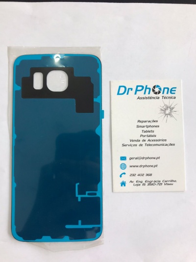 Película adesiva para smartphone azul e preta com cartão de visita da Dr Phone
