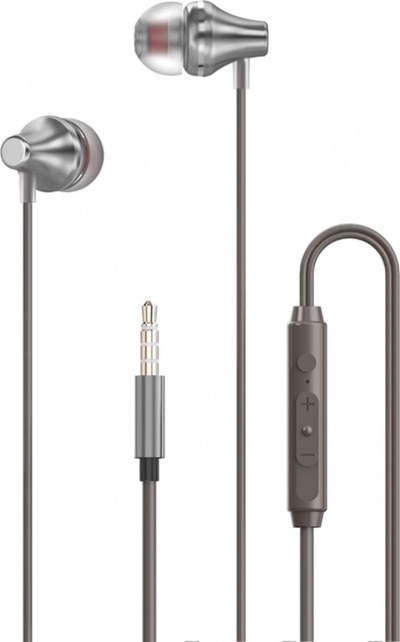 Auriculares intra-auriculares em metal prateado com controlo de volume e conector jack 3,5 mm