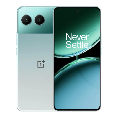 Smartphone OnePlus verde e branco com duas câmaras traseiras e texto 'Never Settle' no ecrã