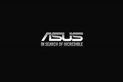 Logotipo ASUS com o texto 'IN SEARCH OF INCREDIBLE' em fundo preto