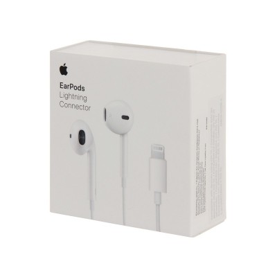 Caixa branca de auscultadores EarPods da Apple com conector Lightning