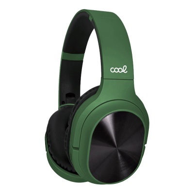 Auriculares over-ear verdes com detalhe prateado e texto 'cool' branco