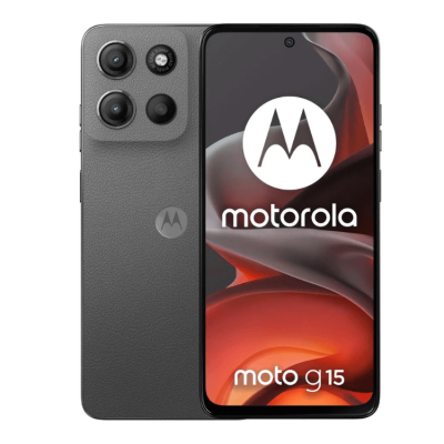 Smartphone Motorola moto g15 preto com três câmaras e ecrã frontal