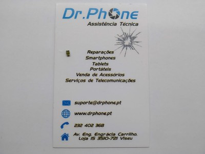 Cartão de visita branco com texto azul e preto da Dr.Phone Assistência Técnica