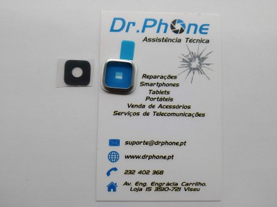 Cartão de visita Dr. Phone com moldura metálica azul e peça preta ao lado