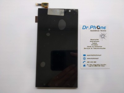 Ecrã LCD preto para smartphone com fita flexível dourada e cartão de assistência técnica Dr. Phone