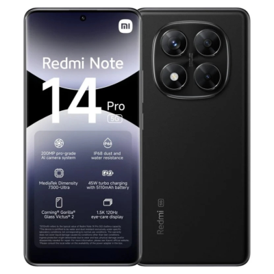 Smartphone Redmi Note 14 Pro 5G preto com quatro câmaras traseiras e ecrã frontal com especificações visíveis